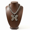 Crystal Butterfly Pendant Navajo Pearl Necklace – Dark Wooden Neck Display