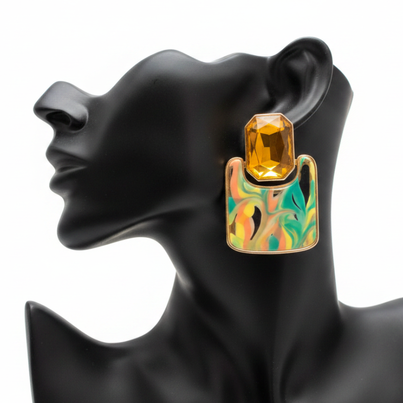 Geo Luxe Two-Tier Statement Drop Earrings – White Background