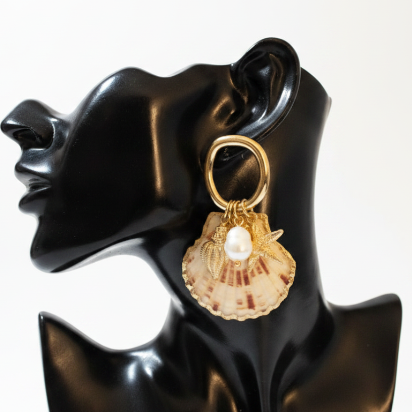 Gold-Dipped Scallop Shell & Pearl Hoop Drop Earrings – Black Mannequin Ear