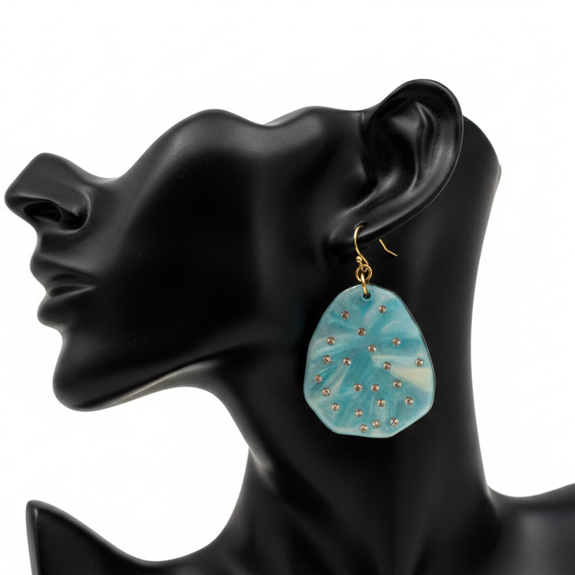 Iridescent Teal Crystal Dot Drop Earrings – White Background