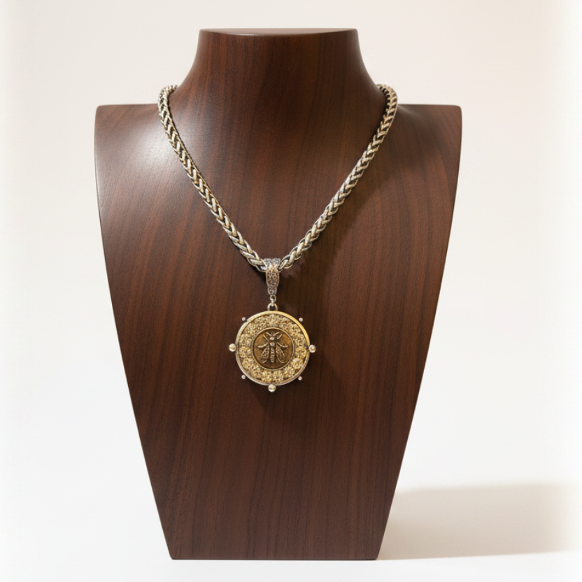 Queen Bee Coin Pendant Necklace Clear Crystal – Dark Wood Display