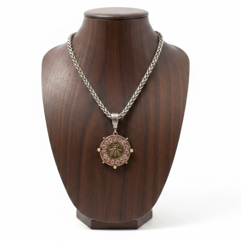 Queen Bee Coin Pendant Necklace Pink Crystal – Dark Wood Display
