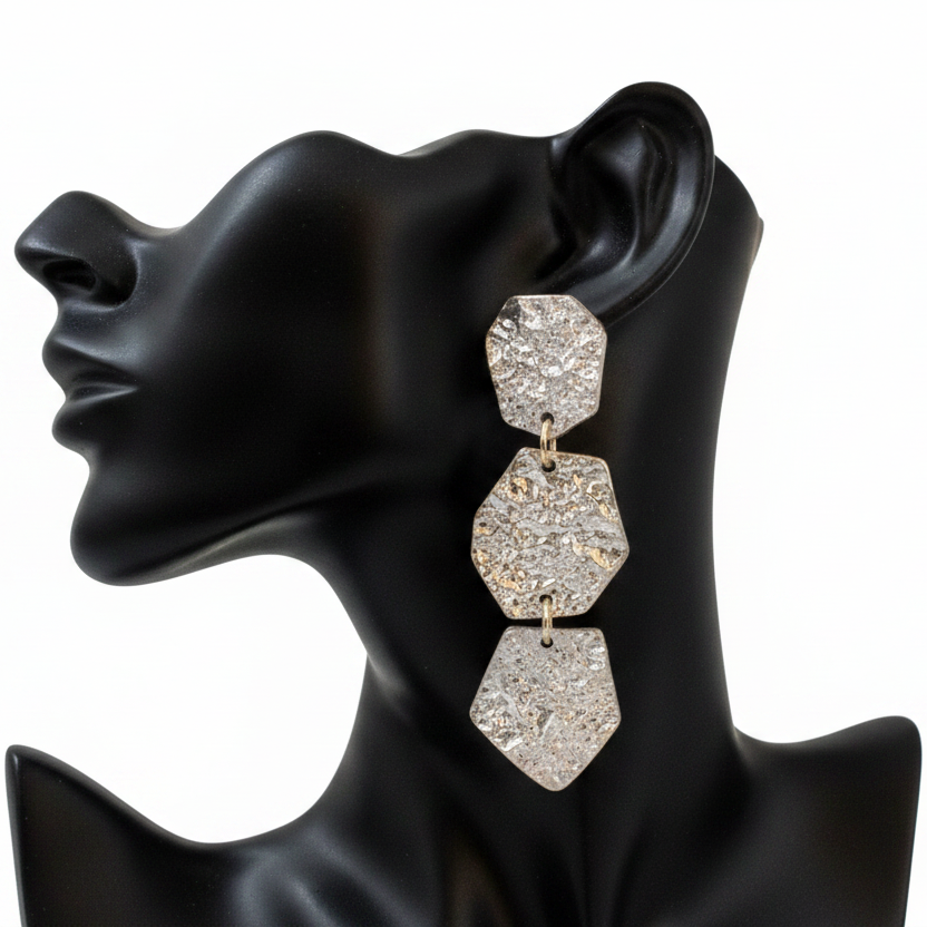 Silver Foil Triple-Tier Nugget Drop Earrings – Black Mannequin Ear White Background