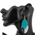 Teal Layered Leaf Dangle Earrings – Mannequin Ear White Background