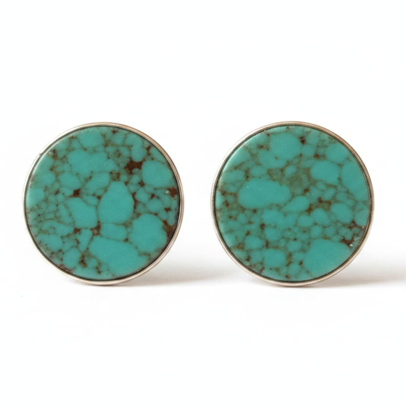 Turquoise Round Bezel Stud Earrings – Close-up White Background