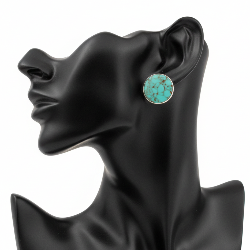 Turquoise Round Bezel Stud Earrings on Black Mannequin Ear