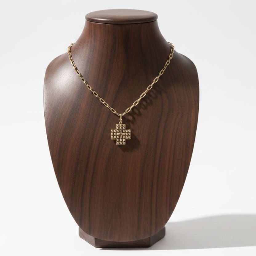 Western Bubble Cross Necklace – Dark Wood Square Neck Display