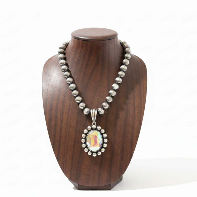 Western Crystal Oval Navajo Pearl Necklace – Dark Wooden Neck Display