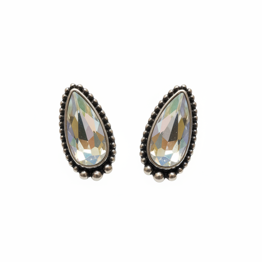 Western Crystal Teardrop Stud Earrings – No Base, White Background