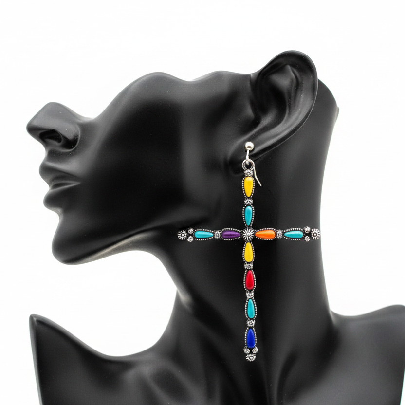 Western Multicolor Cross Earrings – White Background
