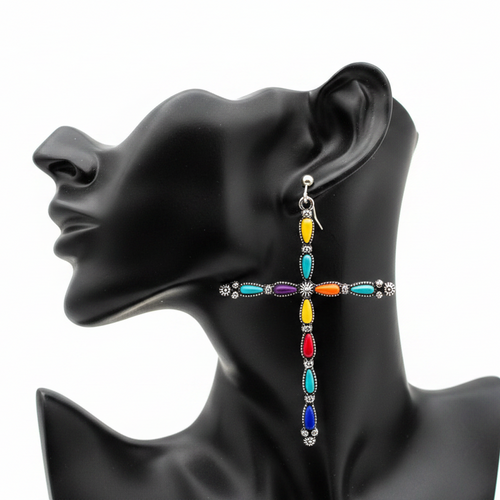 Western Multicolor Cross Earrings – White Background