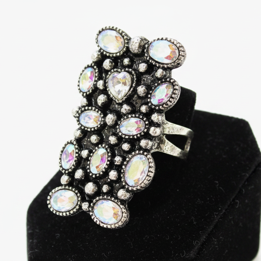 Western Rectangle Crystal Cuff Ring – 3/4 Angle on Black Ring Stand
